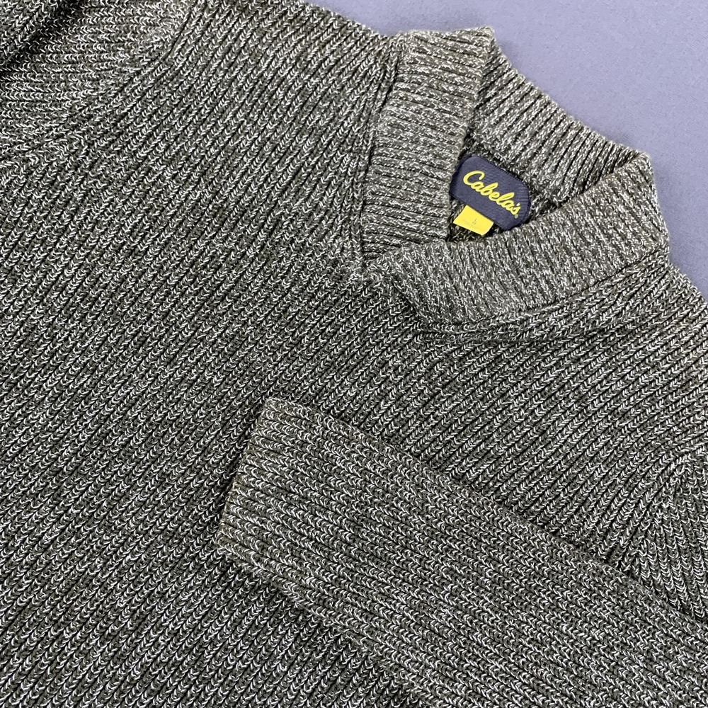 Cabela's Sweater Men LG Brown Shawl‎ Cotton Marled Rib Knit Pullover Stockinette